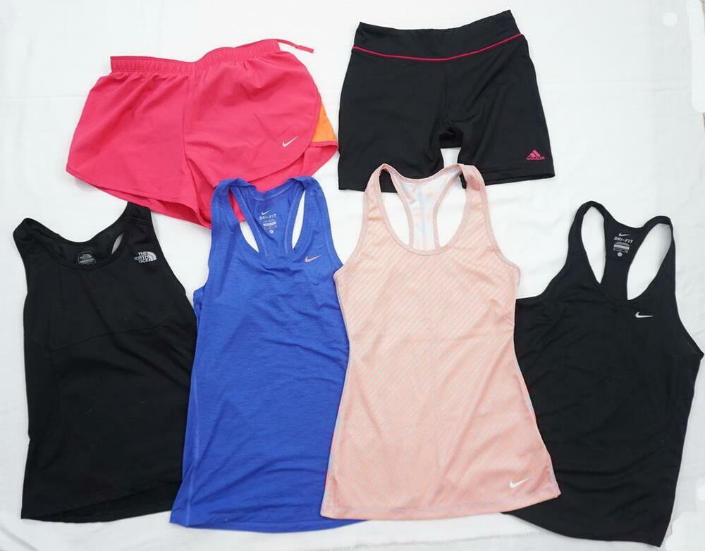 LOT OF 6 USED ACTIVE WEAR S SHORTS/TANK TOPS NIKE&ADIDAS/THE NORTH FACE